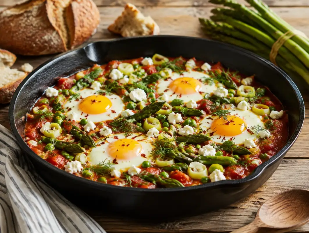 Shakshuka with Spring Vegetables (35 Minutes) 1 Three-quarter view of shakshuka with spring vegetables, poached eggs, asparagus, peas, feta and dill in a skillet