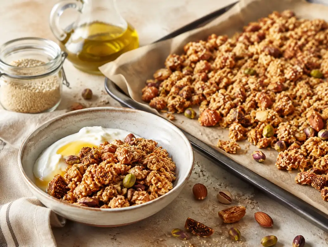 Olive Oil Granola with Mediterranean Nuts (Makes 6 Cups) 1 Three-quarter view of olive oil granola clusters with oats, almonds, pistachios, sesame seeds and dried figs on a sheet pan