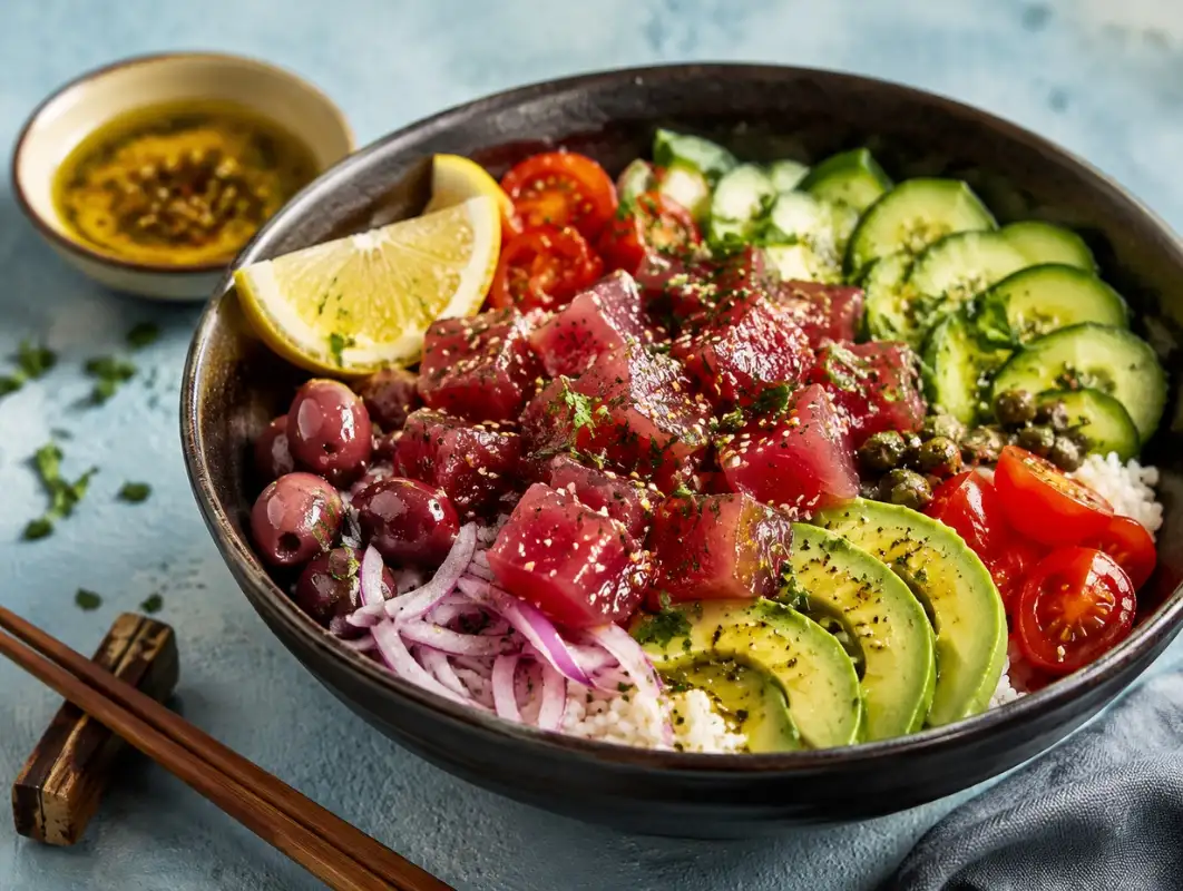 Three-quarter view of mediterranean tuna poke bowl with marinated tuna, rice, avocado, cucumber, olives and capers
