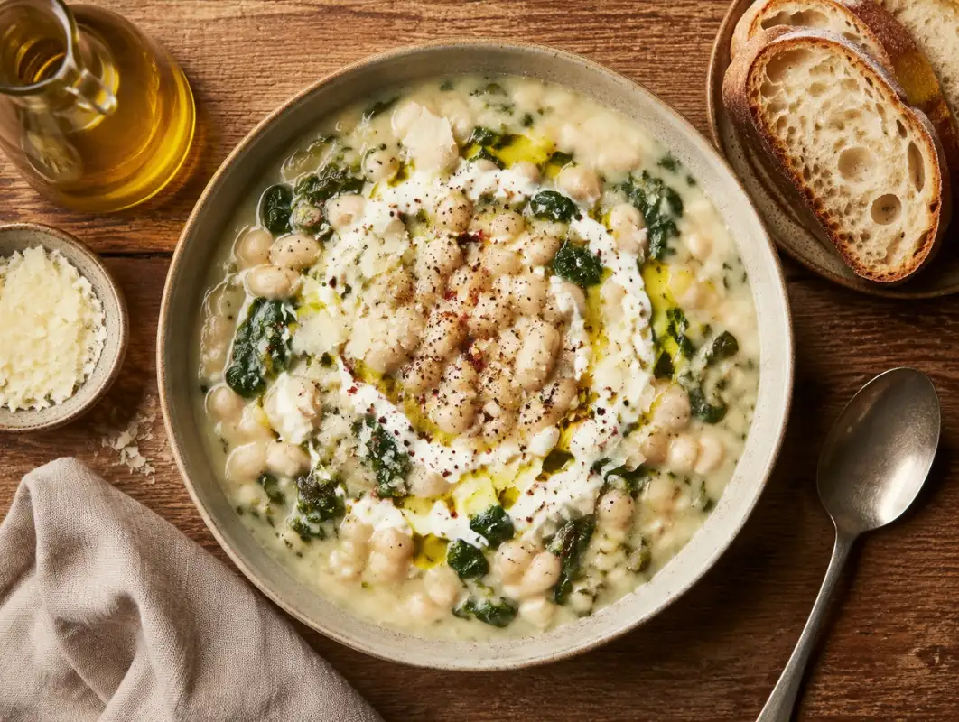 Creamy White Bean and Spinach Soup (30 Minutes) 1 Overhead view of creamy white bean and spinach soup swirled with olive oil and topped with parmesan