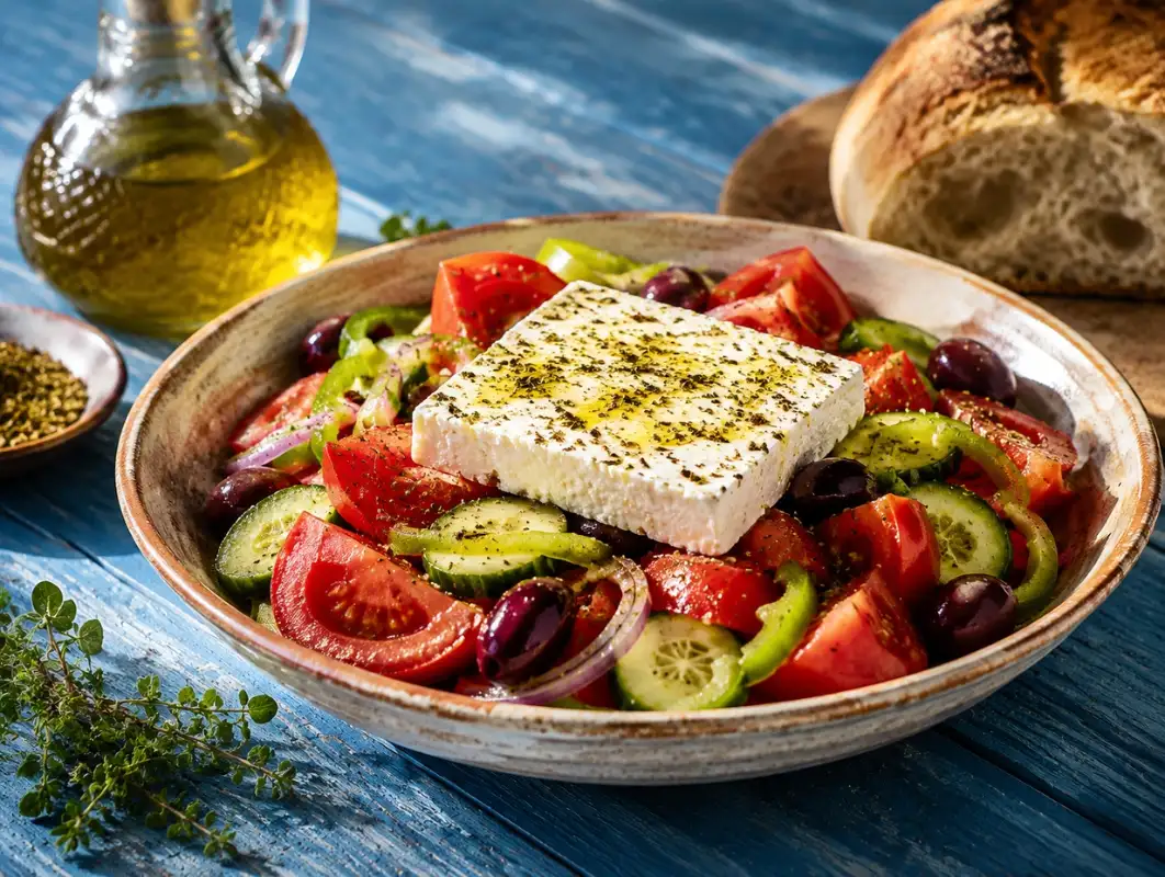 Greek Salad (Horiatiki) with Feta (10 Minutes) 1 Three-quarter view of greek salad horiatiki with tomato wedges, cucumber, peppers, onion, olives and a slab of feta