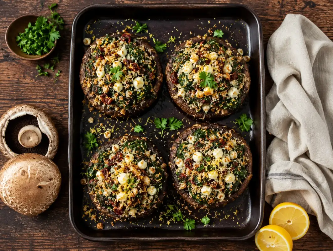 Mediterranean Stuffed Portobello Mushrooms (Makes 6) 1 Overhead view of mediterranean stuffed portobello mushrooms with spinach, sun-dried tomatoes, feta and breadcrumbs