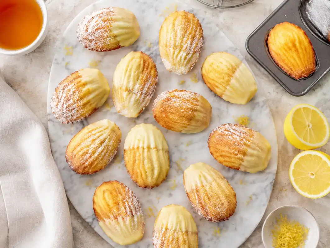 Lemon Olive Oil Madeleines (Makes 12) 1 Overhead view of lemon olive oil madeleines with golden shell shape, powdered sugar and lemon glaze