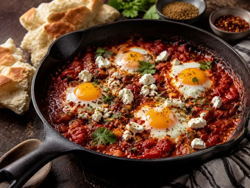 Classic Shakshuka with Feta (35 Minutes) 1 Three-quarter view of classic shakshuka with poached eggs, spiced tomato sauce, crumbled feta and cilantro in a skillet