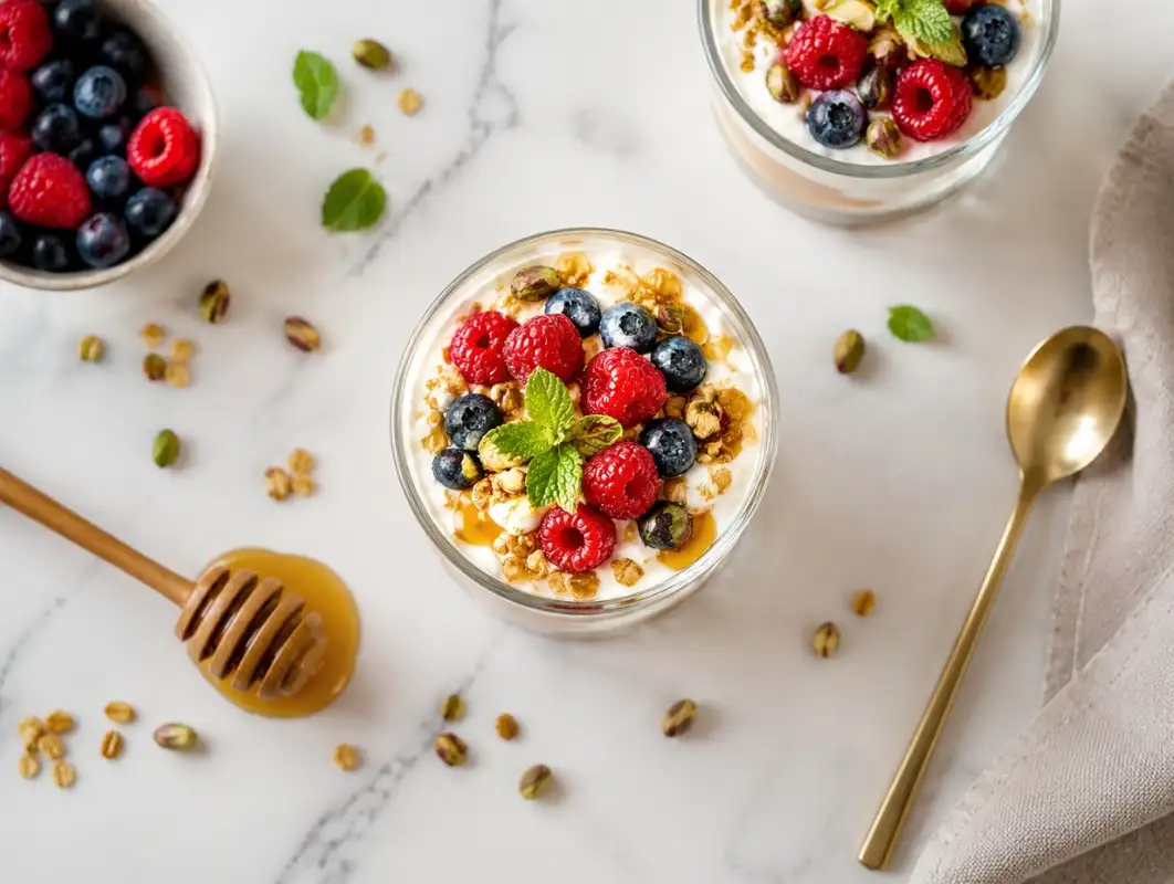 Greek Yogurt Parfait with Honey and Pistachios (5 Min) 1 Overhead view of greek yogurt parfait layered in a glass with granola, honey, berries and pistachios