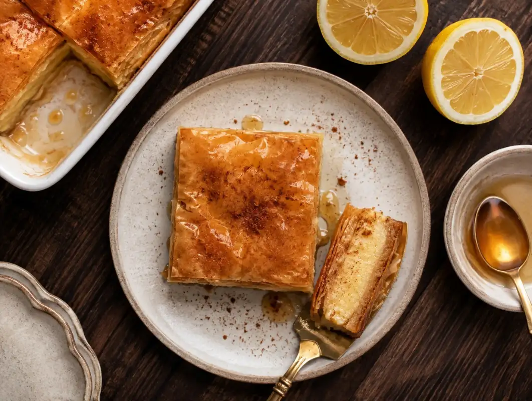 Galaktoboureko: Greek Custard Pastry (Makes 12) 1 Overhead view of galaktoboureko square with crisp phyllo layers, semolina custard center and lemon syrup