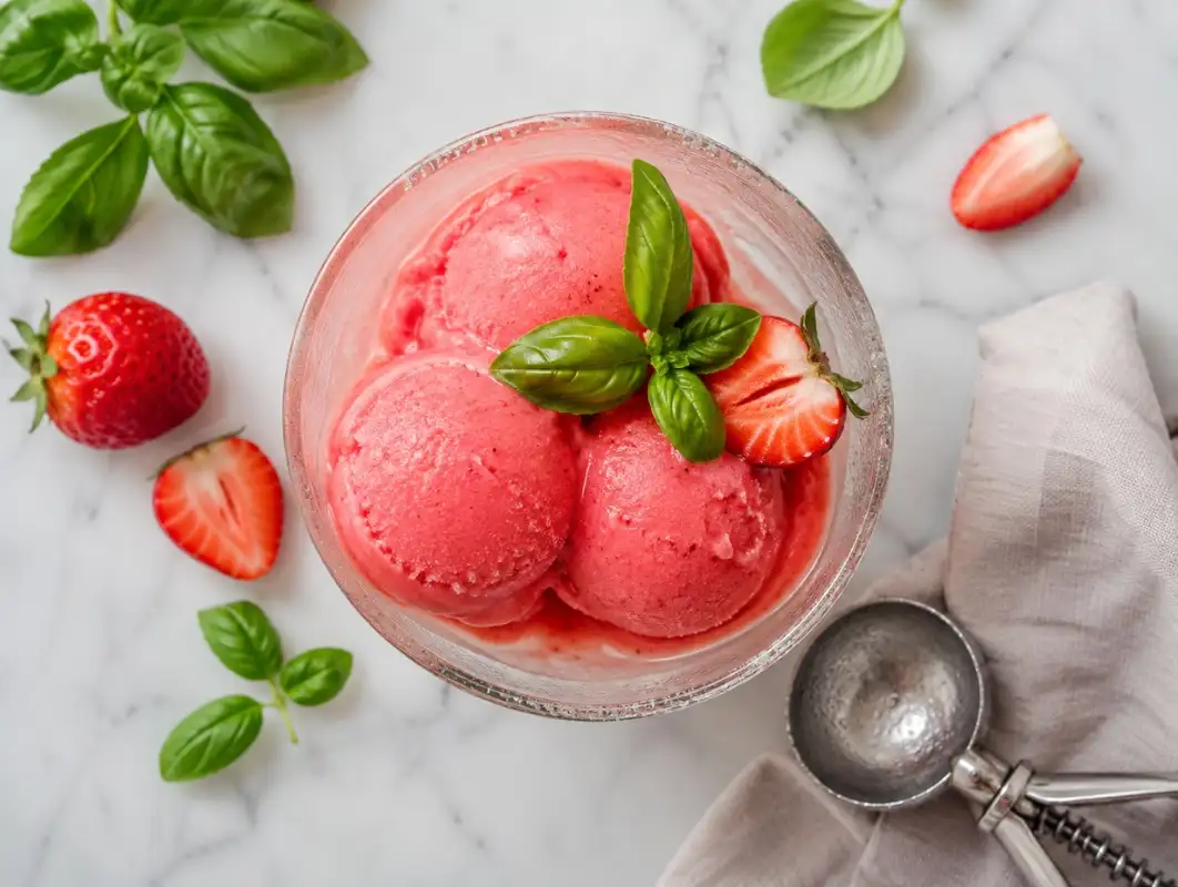 Strawberry Basil Sorbet (Serves 6) 1 Overhead view of strawberry basil sorbet scoops in a chilled glass garnished with fresh basil and strawberries