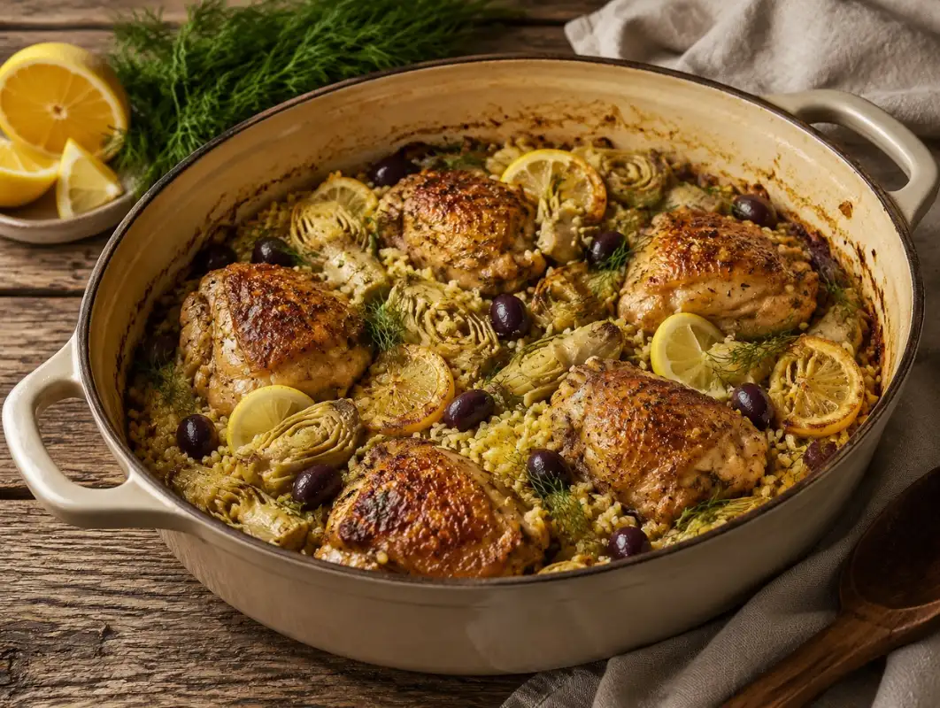 One-Pot Lemon Artichoke Chicken and Rice (45 Minutes) 1 Three-quarter view of one-pot lemon artichoke chicken and rice with browned chicken thighs, lemon slices and dill