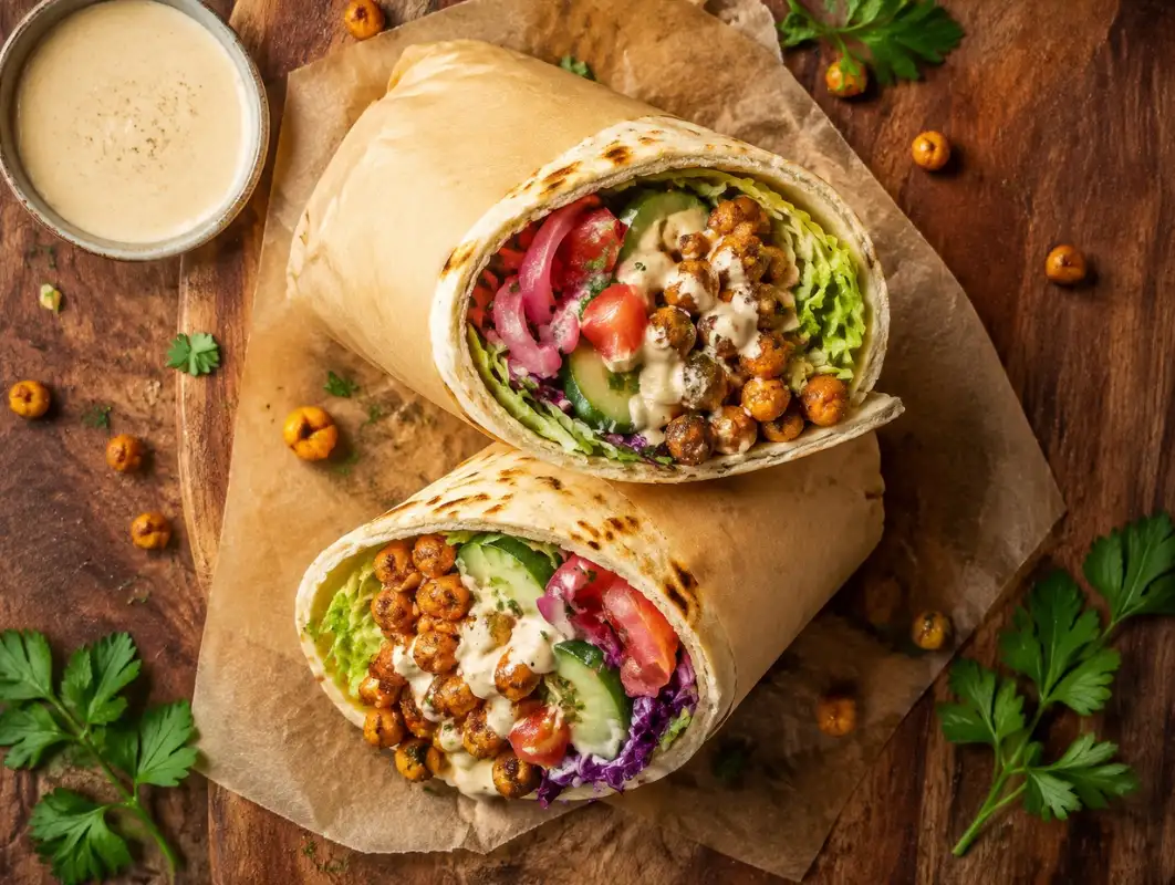 Overhead view of crispy chickpea and vegetable wrap cut open with tahini sauce, cabbage, cucumber and pickled onion