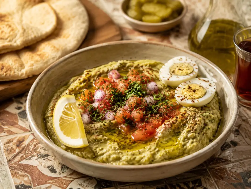 Ful Medames: Egyptian Fava Bean Stew (Serves 4) 1 Three-quarter view of ful medames mashed fava beans topped with olive oil, tomato, parsley, onion and cumin