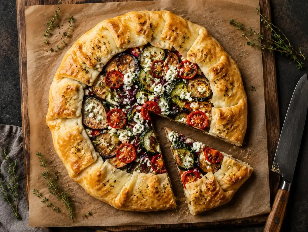 Overhead view of mediterranean roasted vegetable galette with flaky crust, zucchini, eggplant, tomatoes and feta