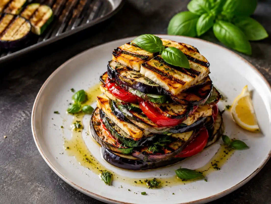 Mediterranean Grilled Vegetable and Halloumi Stack (30 Min) 1 4003 mediterranean grilled vegetable and halloumi stack recipe card