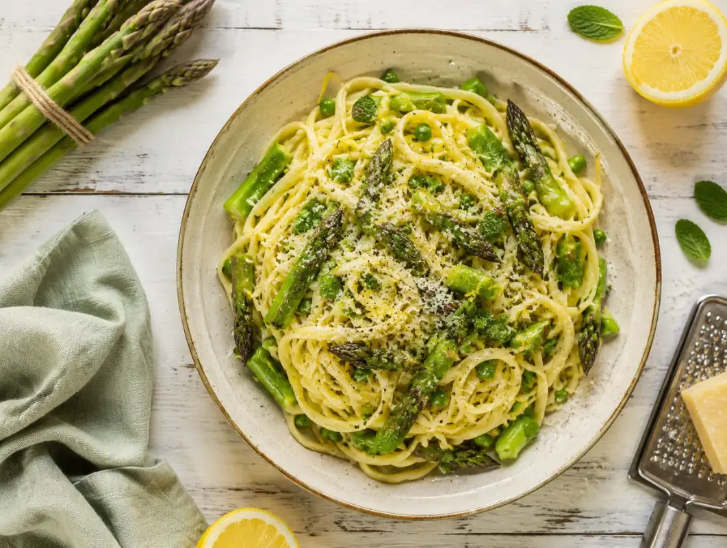 Lemon Asparagus Pasta with Peas (25 Minutes) 1 Overhead view of lemon asparagus pasta with peas, parmesan and mint in a shallow bowl
