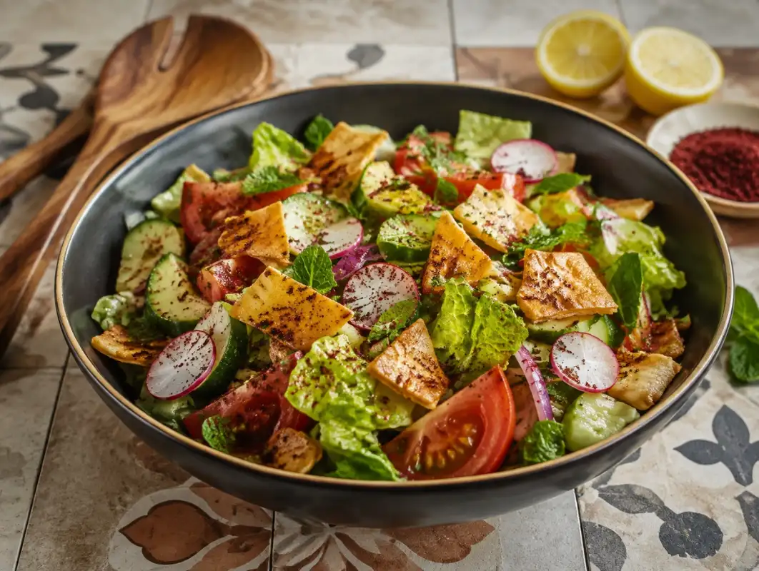 Fattoush Salad with Crispy Pita (20 Minutes) 1 Three-quarter view of fattoush salad with crispy pita shards, tomatoes, cucumber, radish, herbs and sumac dressing
