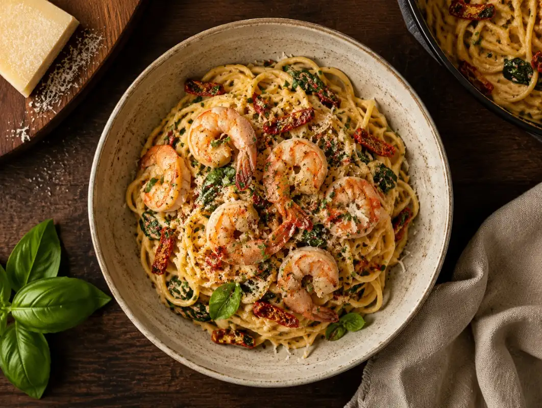 Creamy Tuscan Shrimp Pasta (25 Minutes, Serves 4) 1 Overhead view of creamy Tuscan shrimp pasta with sun-dried tomatoes, spinach, parmesan and basil