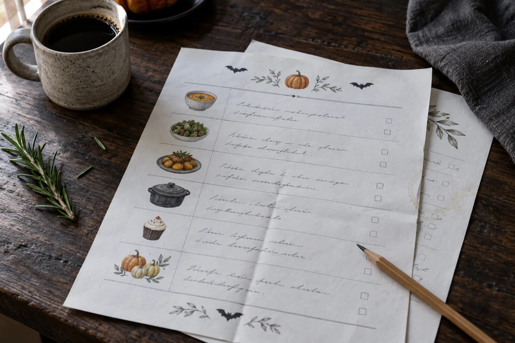 A printable Halloween party menu planner on a kitchen counter beside a pen and a cup of coffee