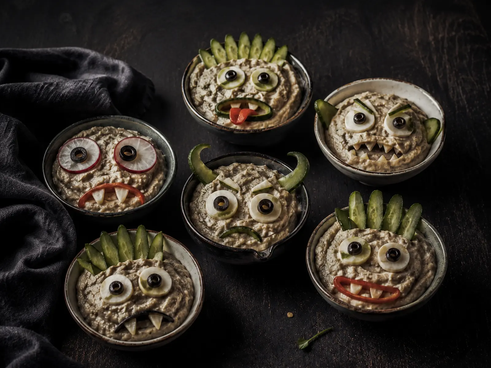 Six small ceramic bowls of smoky grey baba ganoush styled as different monster faces with olive pupils, radish whites, pepper mouths and cucumber ribbons for Monster Baba Ganoush Bowls.