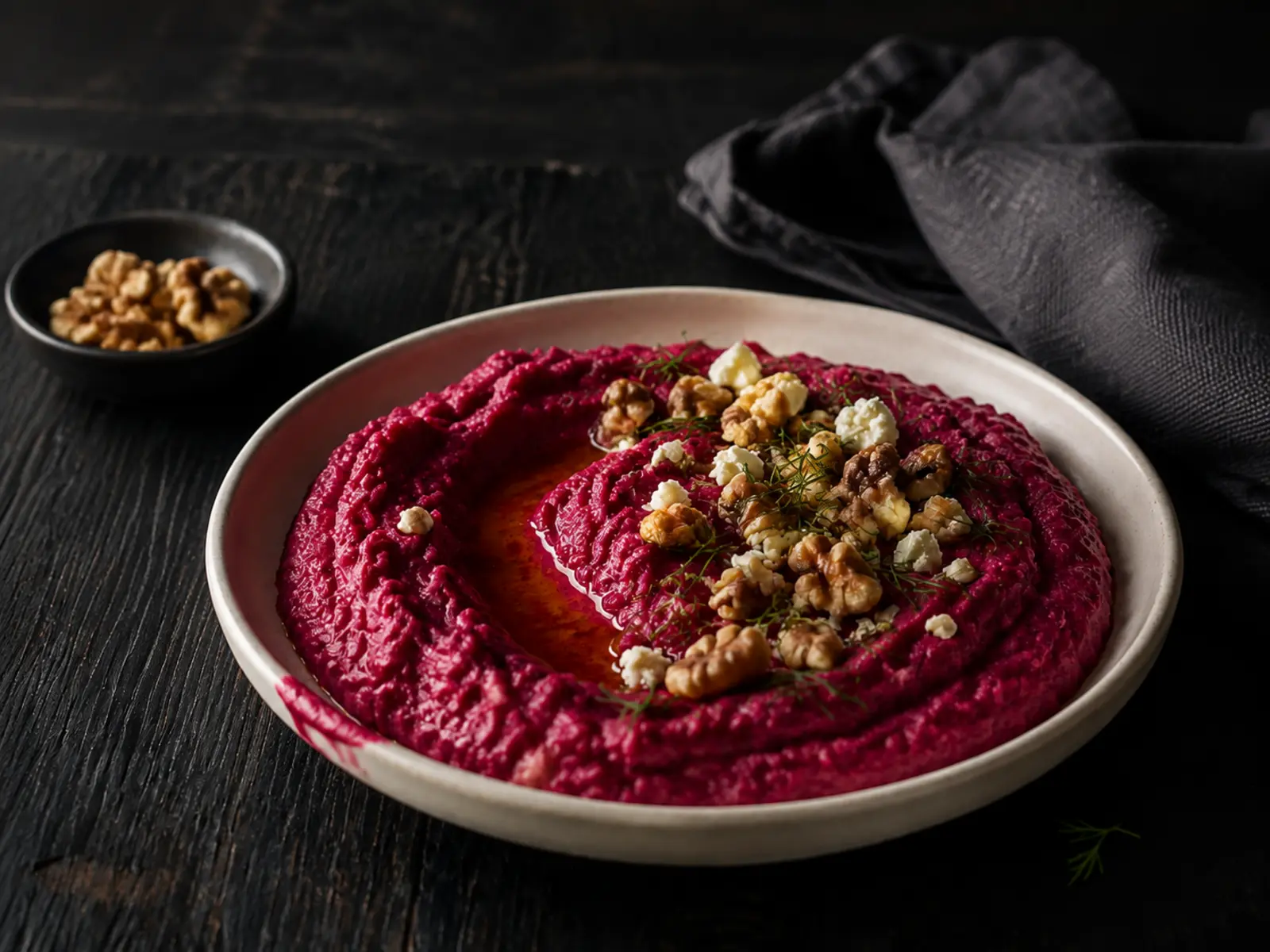 A pale shallow bowl of intensely saturated magenta beetroot dip with a deep spoon groove, olive oil in the channel, chopped walnuts, dill and a little crumbled feta in the Pantzarosalata Blood-Magenta Beet Dip article.