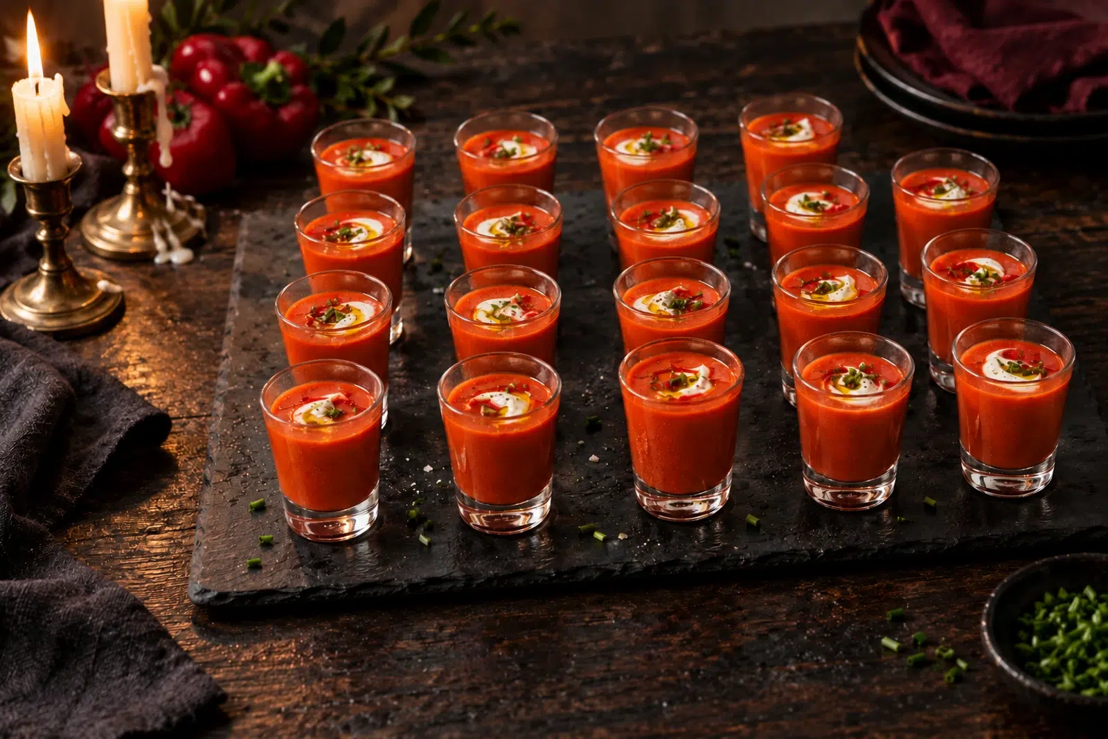 home 6 Halloween soup shooters: rows of chilled red pepper soup in shot glasses with white yoghurt swirls on a dark tray