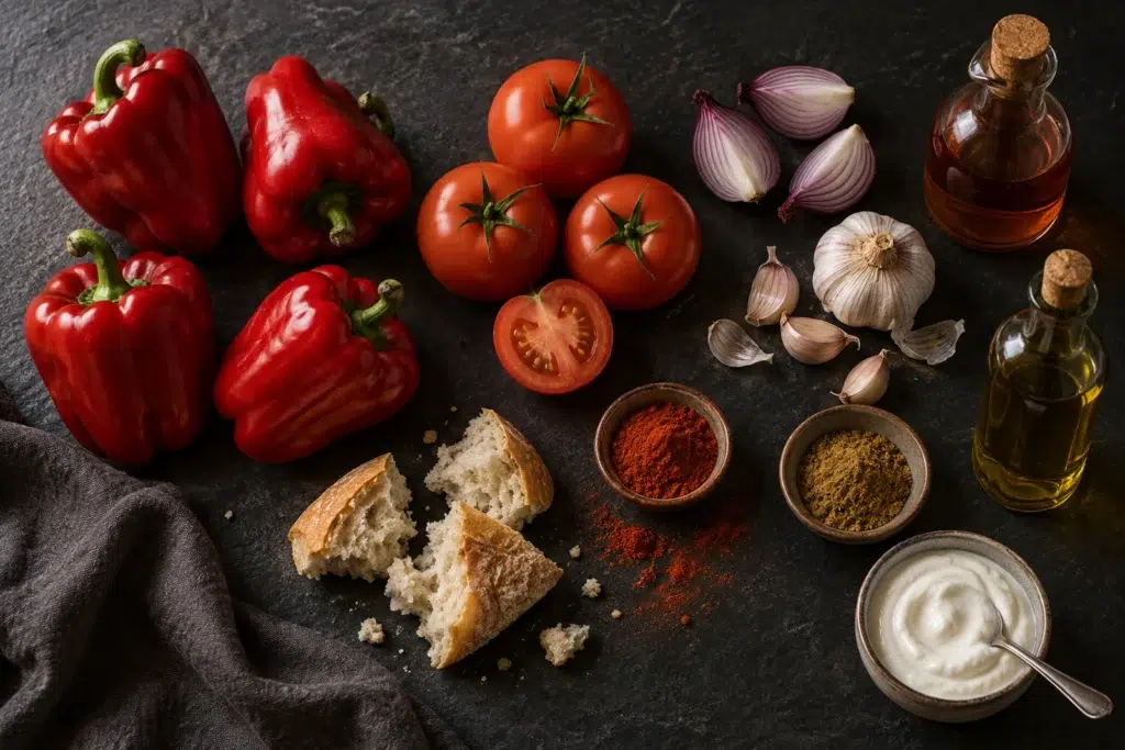 Red Pepper Blood Soup Shooters: Serve Them Cold 5 Soup shooter ingredients: red peppers, tomatoes, red onion, garlic, olive oil, bread, smoked paprika, cumin and yoghurt