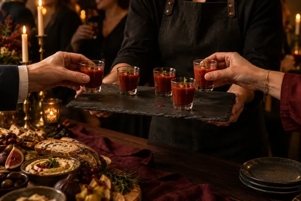 Red Pepper Blood Soup Shooters: Serve Them Cold 10 Guests taking Halloween soup shooters from a passed tray at a candlelit dinner party