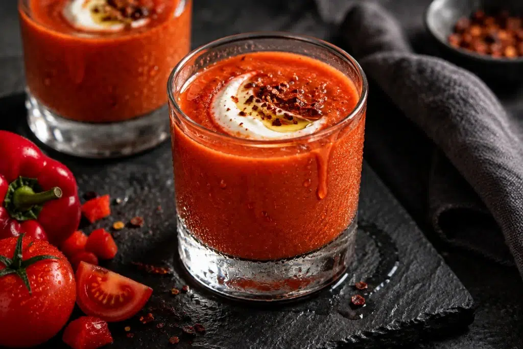 Red Pepper Blood Soup Shooters: Serve Them Cold 3 Single shot glass of chilled roasted red pepper soup with a yoghurt swirl and olive oil