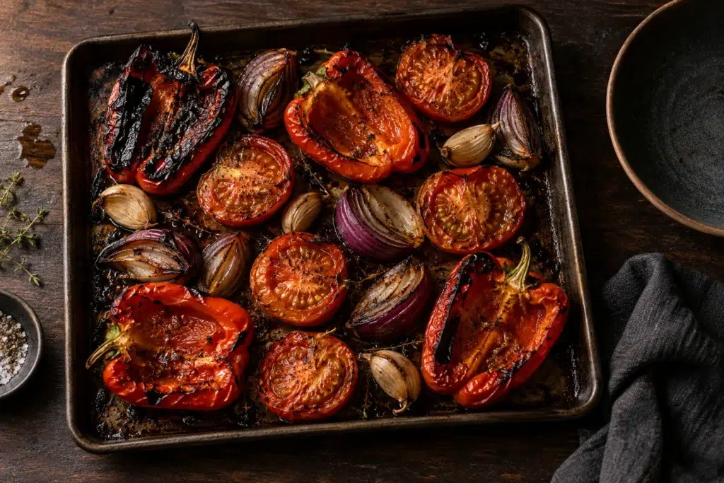 Red Pepper Blood Soup Shooters: Serve Them Cold 6 Blistered, blackened red peppers, tomatoes, red onion and garlic on a roasting tray