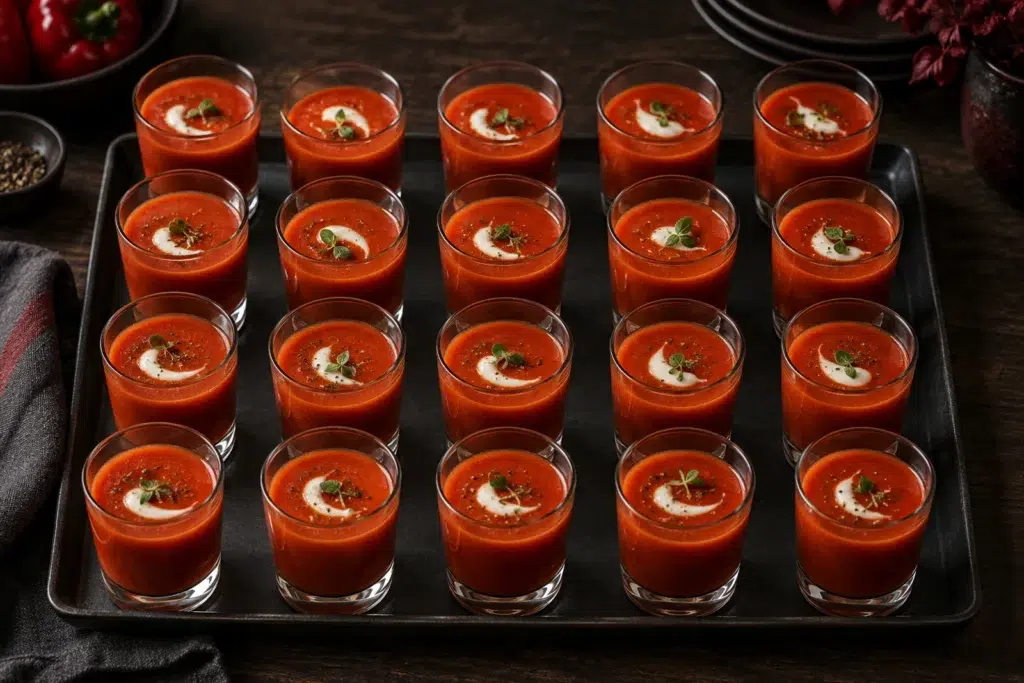 Red Pepper Blood Soup Shooters: Serve Them Cold 8 Overhead view of chilled soup shooters, each topped with a white yoghurt swirl and a pinch of Aleppo pepper
