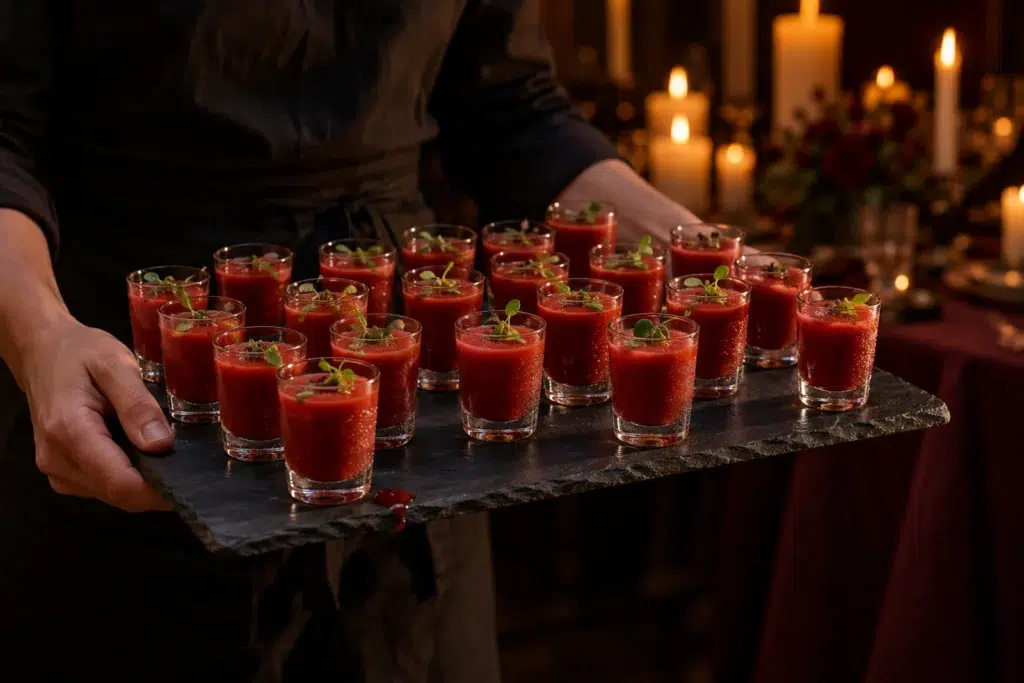 Red Pepper Blood Soup Shooters: Serve Them Cold 7 Tray of red soup shooters being carried into a candlelit Halloween party