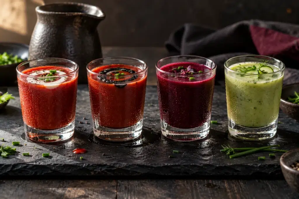 Red Pepper Blood Soup Shooters: Serve Them Cold 9 Four soup shooter variations in red, deep red, beetroot magenta and green on dark slate