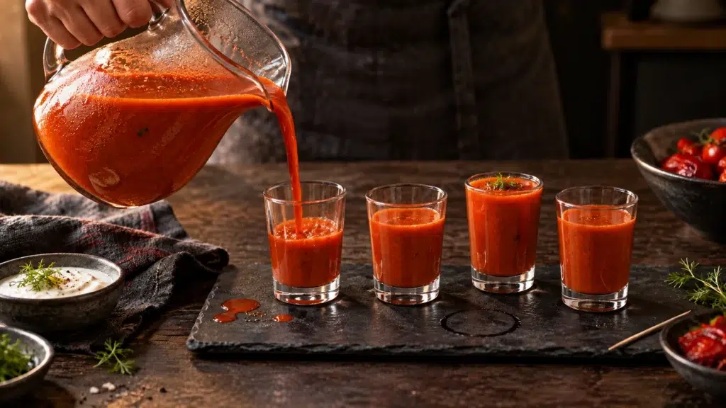 Red Pepper Blood Soup Shooters: Serve Them Cold 11 Red pepper soup being poured from a glass jug into a row of shot glasses