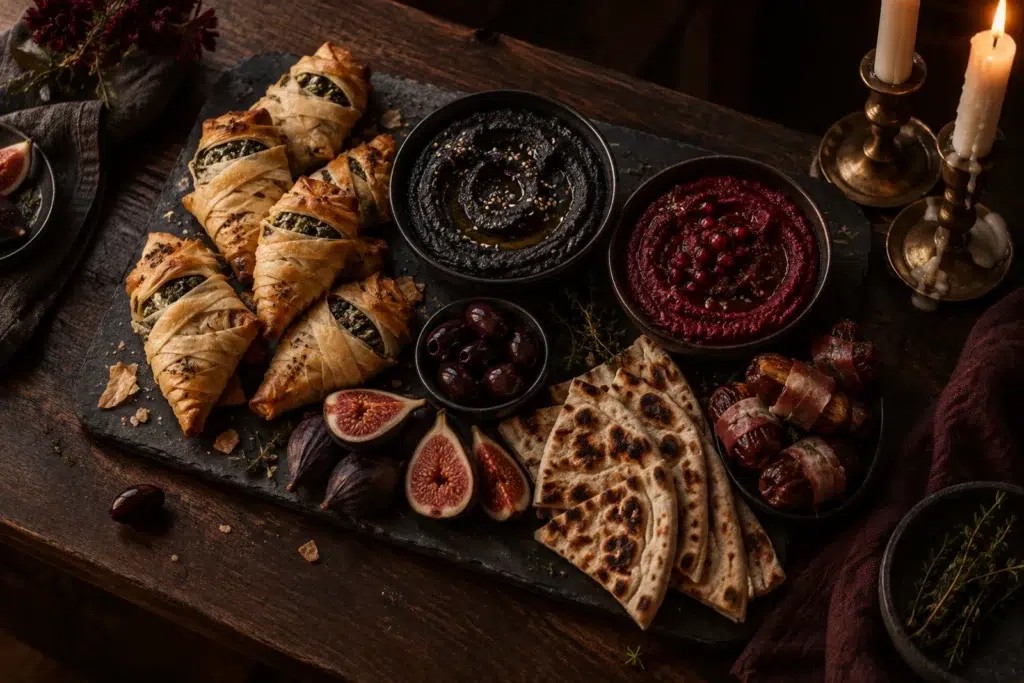 Spanakopita Mummies: Squeeze the Spinach Until You Think You’re Done, Then Squeeze Again 9 Spanakopita mummies on a dark grazing board with beet dip, black hummus, olives, figs and flatbread