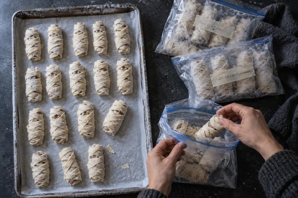 Spanakopita Mummies: Squeeze the Spinach Until You Think You’re Done, Then Squeeze Again 8 Raw wrapped spanakopita mummies frozen on a parchment-lined tray and packed into freezer bags