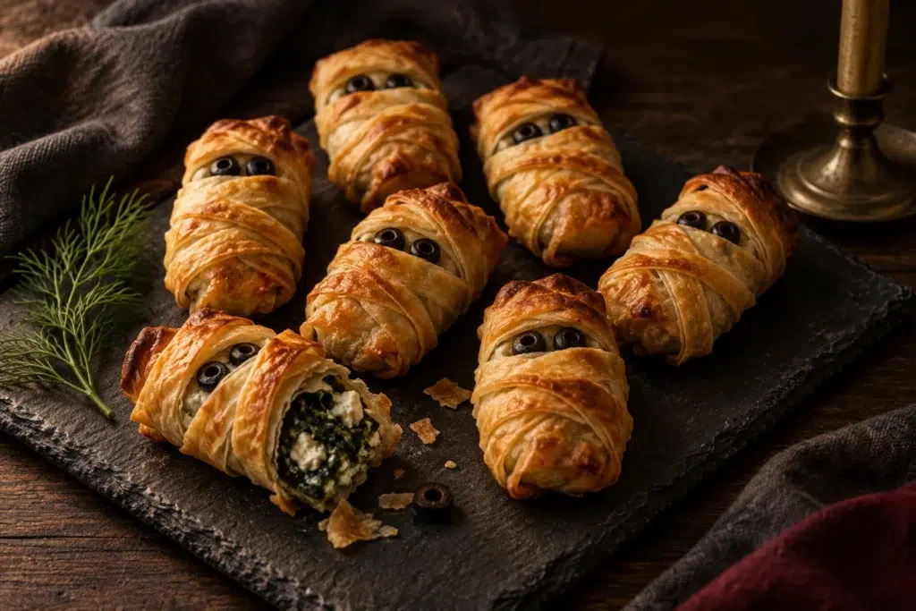 Spanakopita Mummies: Squeeze the Spinach Until You Think You’re Done, Then Squeeze Again 2 Spanakopita mummies wrapped in golden phyllo bandages with black olive eyes on a dark slate board