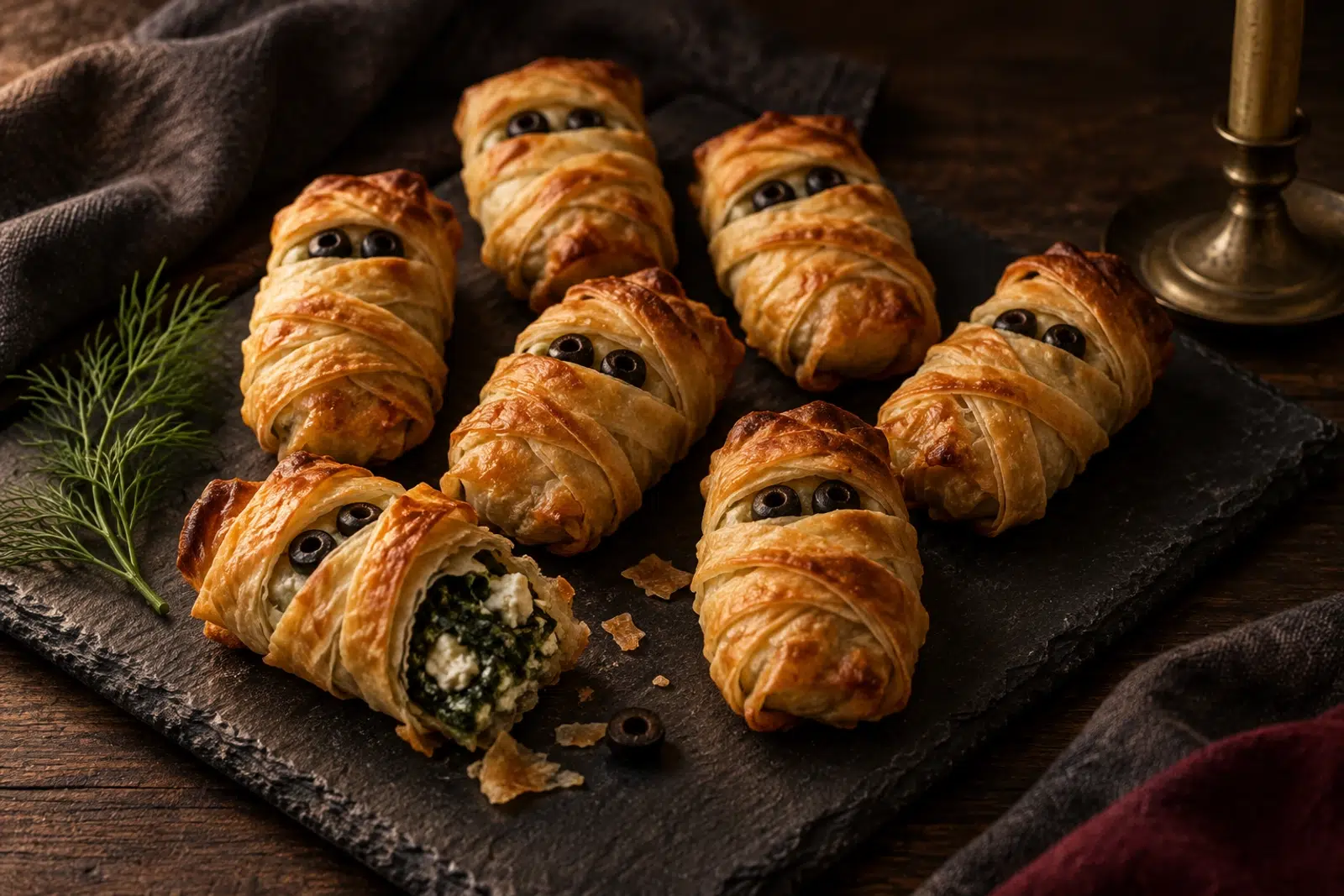 home 4 Spanakopita mummies wrapped in golden phyllo bandages with black olive eyes on a dark slate board