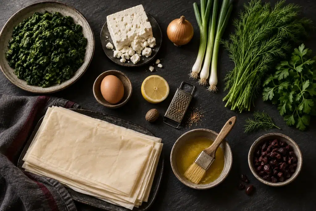 Spanakopita Mummies: Squeeze the Spinach Until You Think You’re Done, Then Squeeze Again 4 Spanakopita ingredients: spinach, feta, onion, scallions, dill, parsley, egg, lemon, nutmeg, phyllo, melted butter and olives
