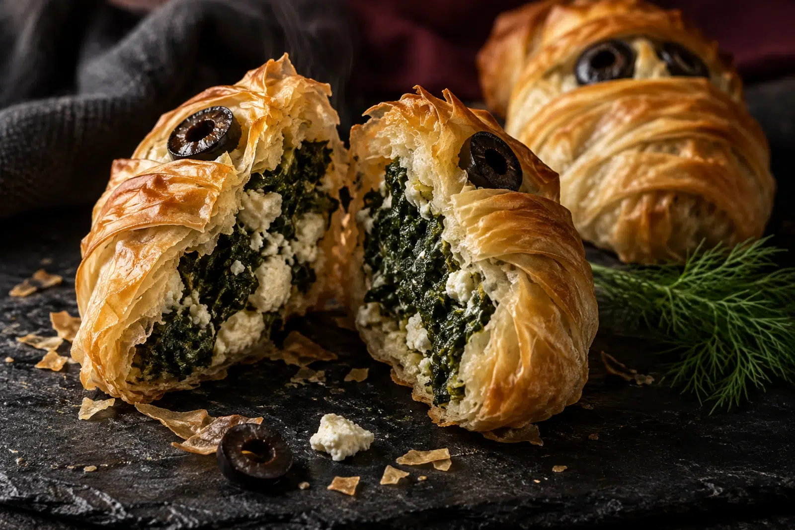 Spanakopita Mummies: Squeeze the Spinach Until You Think You’re Done, Then Squeeze Again 3 Spanakopita mummy broken open showing the green spinach and feta filling inside flaky pastry