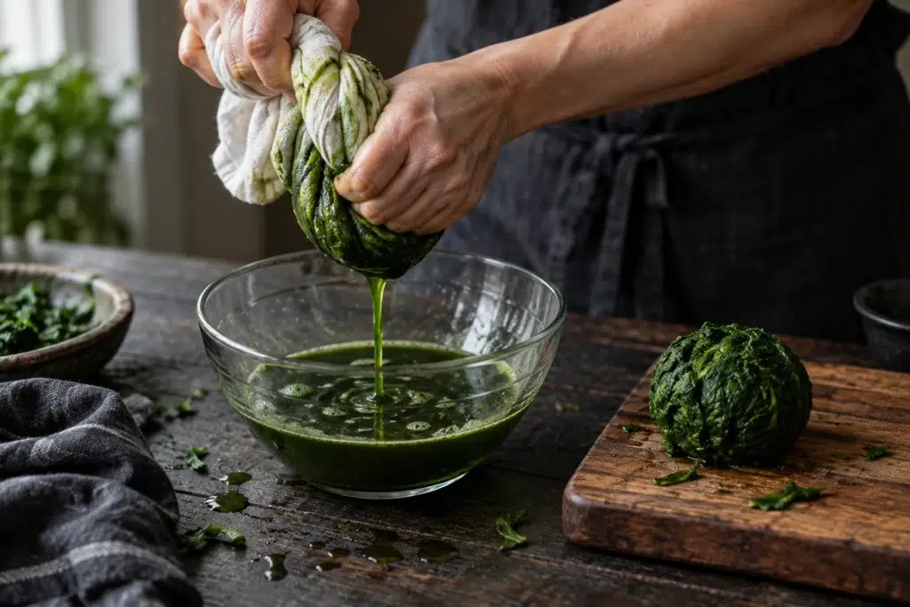 Spanakopita Mummies: Squeeze the Spinach Until You Think You’re Done, Then Squeeze Again 6 Thawed spinach wrung out in a tea towel over a glass bowl of green liquid