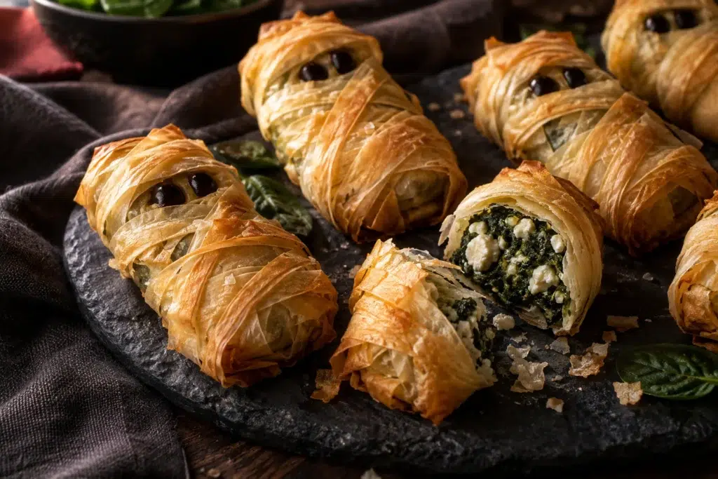Spanakopita Mummies: Squeeze the Spinach Until You Think You’re Done, Then Squeeze Again 7 Close-up of flaky, blistered pastry bandages on baked spanakopita mummies