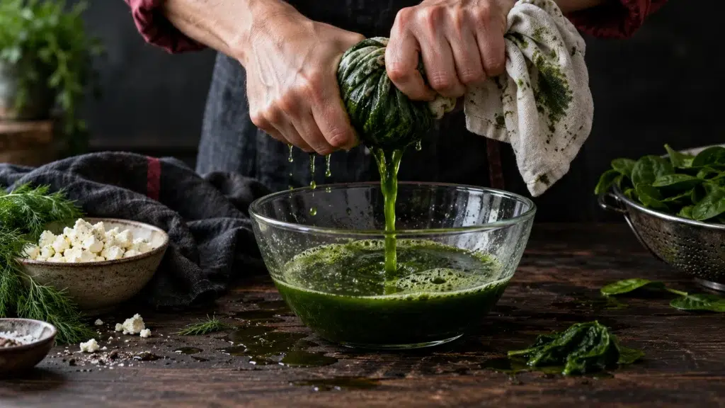 Spanakopita Mummies: Squeeze the Spinach Until You Think You’re Done, Then Squeeze Again 10 Spinach being wrung out in a tea towel as green liquid pours into a bowl