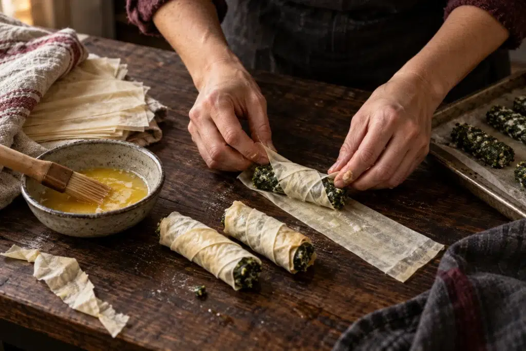 Spanakopita Mummies: Squeeze the Spinach Until You Think You’re Done, Then Squeeze Again 5 Hands wrapping buttered phyllo strips at angles around logs of spinach filling