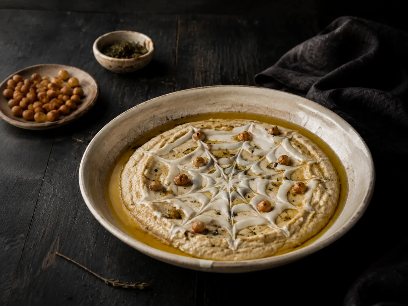 A wide shallow platter of silky beige hummus with thin white labneh rings dragged outward into a clean spider web, olive oil pooled around the rim and toasted chickpeas scattered sparingly in the Spider-Web Hummus Platter article.