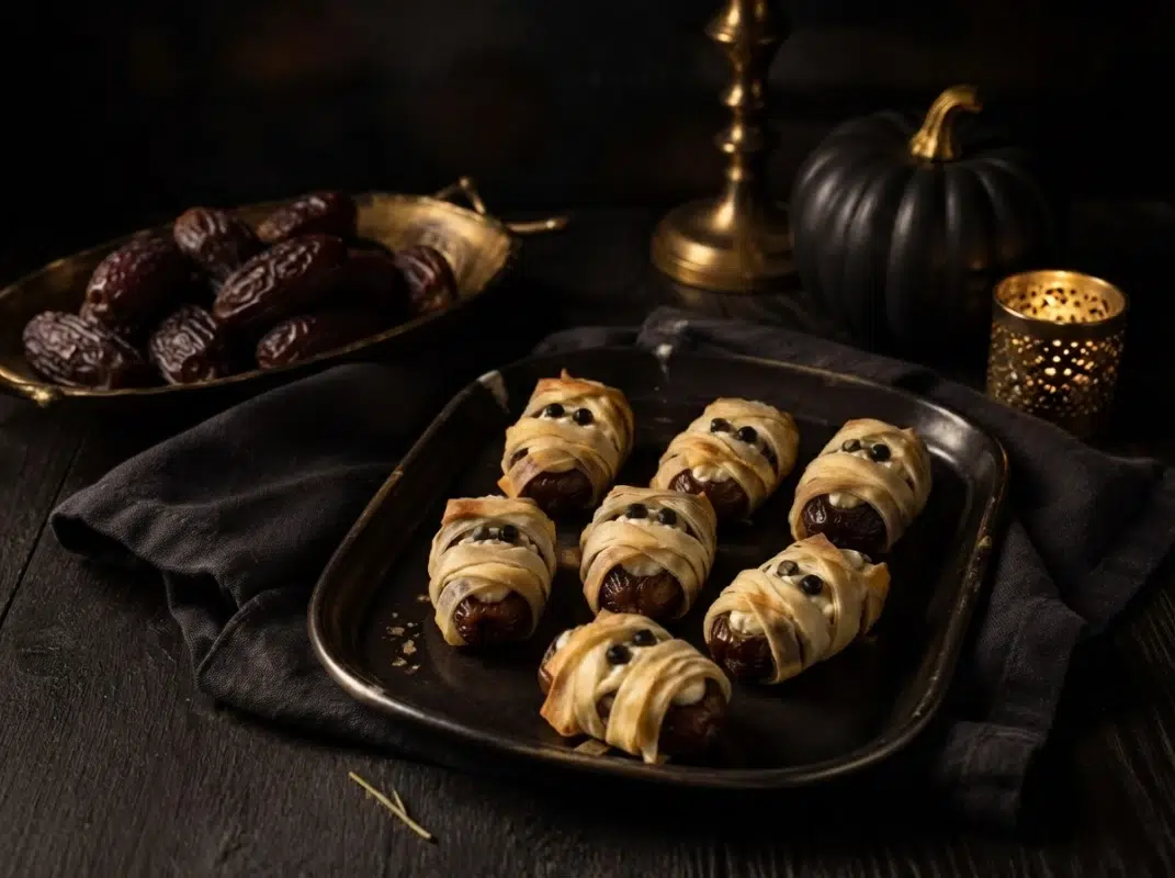 home 5 A dark tray of roasted Medjool dates stuffed with goat cheese and finely grated halloumi, each wrapped in crisp pale phyllo ribbons with a small gap and two tiny black olive eyes in the Mummy-Wrapped Dates with Crisp Phyllo Bandages article.