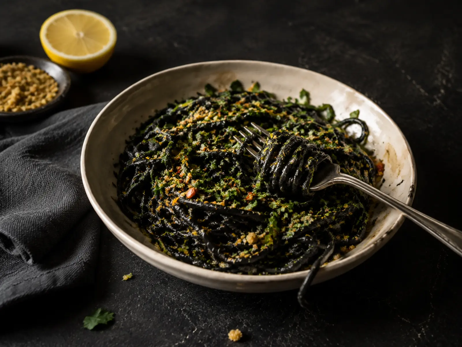home 3 A wide bowl of jet-black squid ink pasta linguine with parsley, chilli and lemon zest
