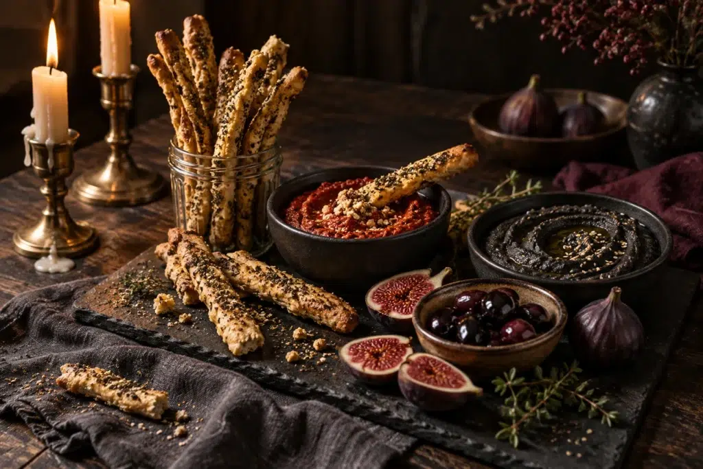 Witch Finger Za’atar Breadsticks: Press the Nails In Before You Bake 10 Witch finger breadsticks in a jar on a gothic Halloween grazing board with red dip, figs and candles