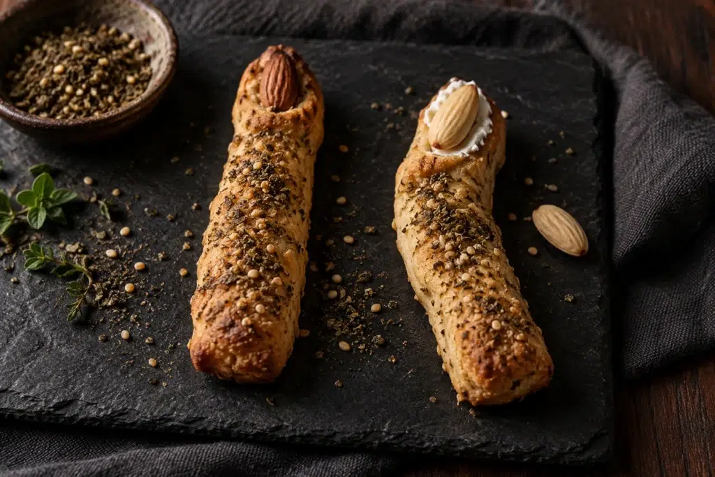 Witch Finger Za’atar Breadsticks: Press the Nails In Before You Bake 7 Breadstick with an almond nail baked in beside one with an almond stuck on with cream cheese that has come loose