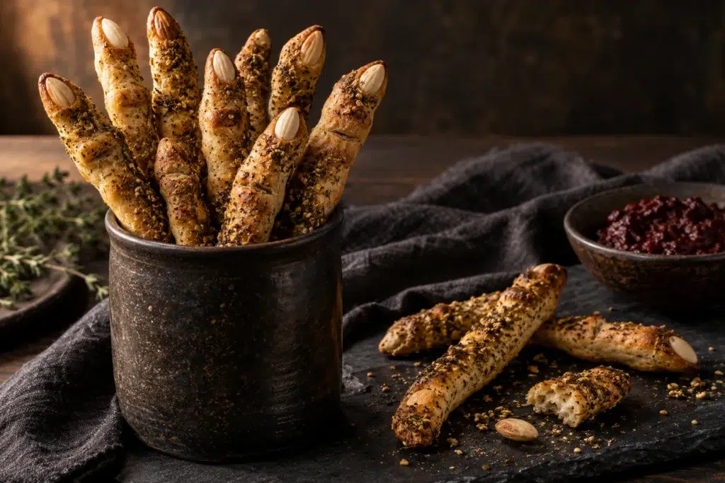 Witch Finger Za’atar Breadsticks: Press the Nails In Before You Bake 2 Witch finger breadsticks with almond nails and za’atar crust standing in a dark jar