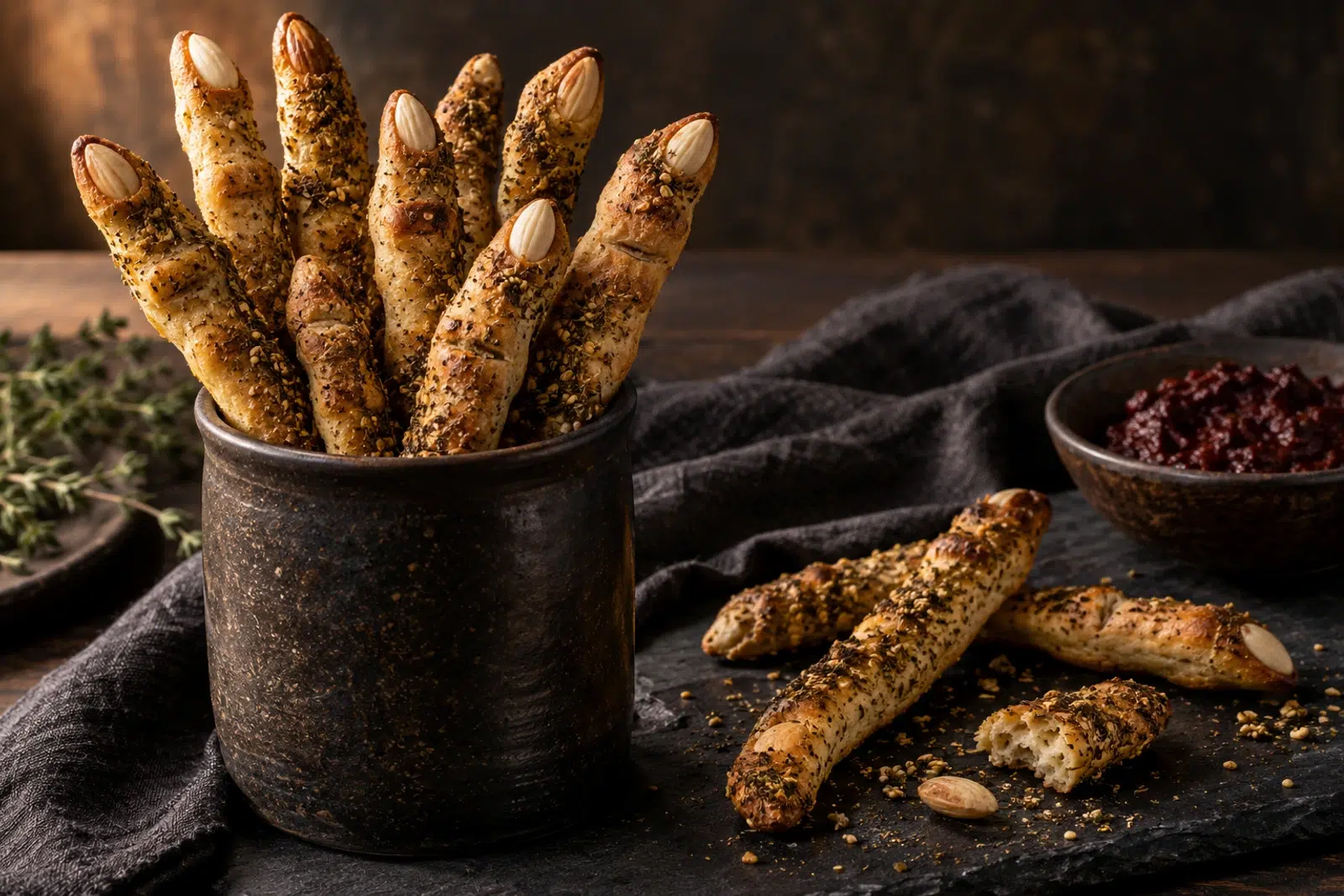 home 4 Witch finger breadsticks with almond nails and za’atar crust standing in a dark jar