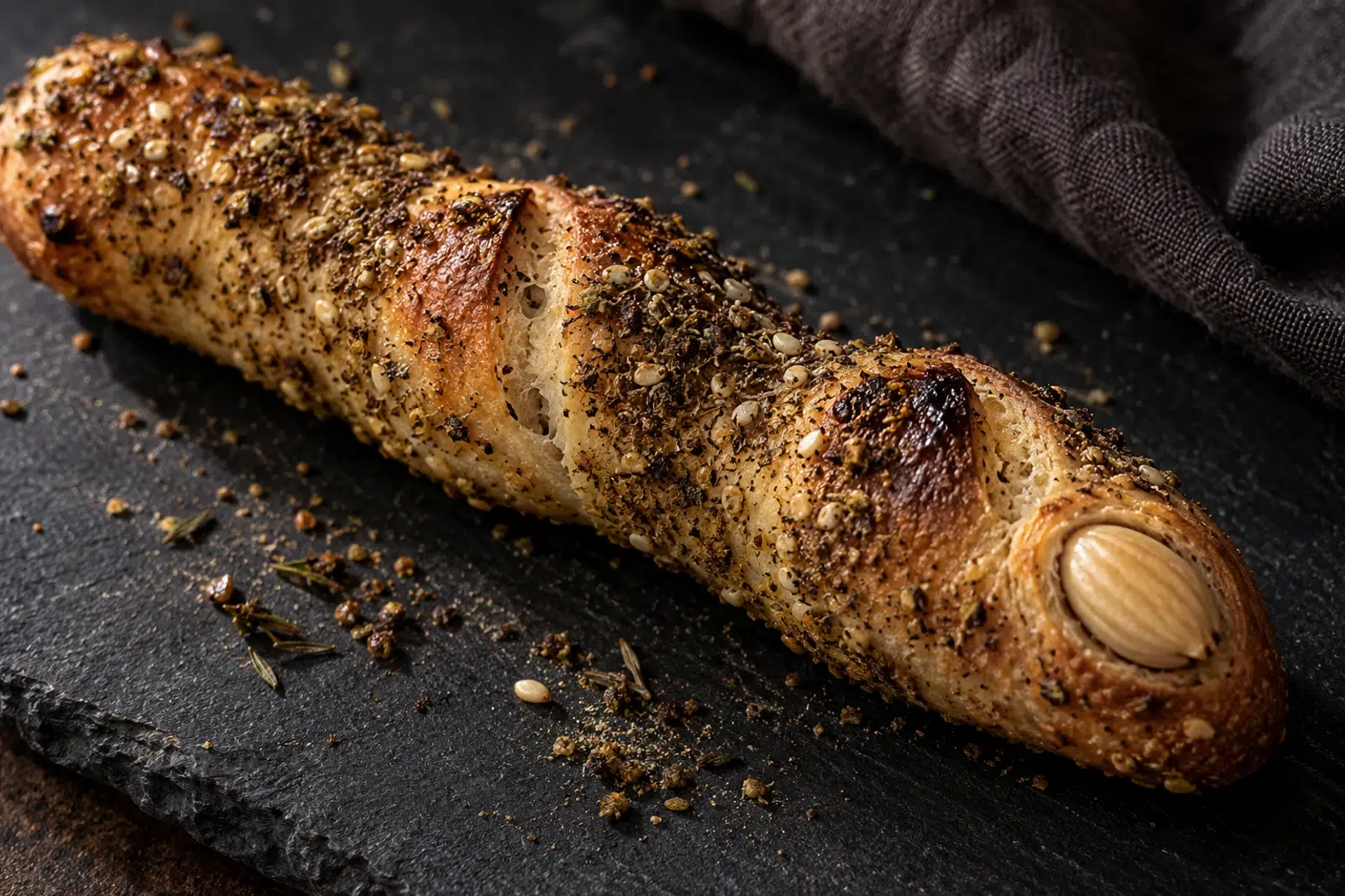 Witch Finger Za’atar Breadsticks: Press the Nails In Before You Bake 4 Close-up of a witch finger breadstick showing scored knuckles, za’atar crust and a baked-in almond nail
