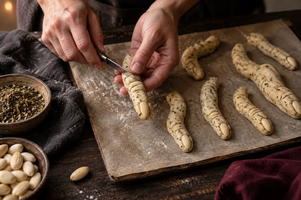 Witch Finger Za’atar Breadsticks: Press the Nails In Before You Bake 6 Hands scoring knuckles into raw dough fingers on a floured board beside a bowl of almonds